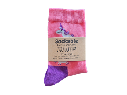Pink and purple sock with a unicorn design and 'Sockable' label on a white background