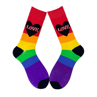 Rainbow-striped Pride socks with black hearts that say "LOVE" – size large crew socks for men and women