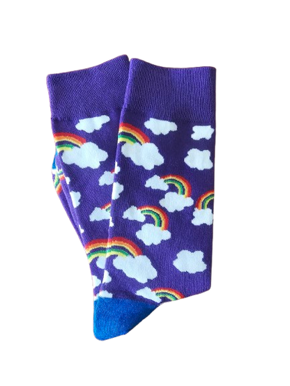 Purple rainbow socks folded in half.