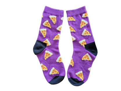 Purple socks with stuffed crust pizza slices laid flat