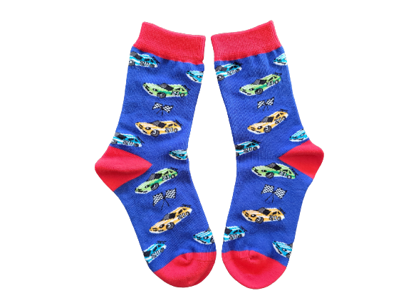 Red and blue race car socks for kids laid flat
