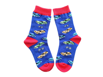 Red and blue race car socks for kids laid flat