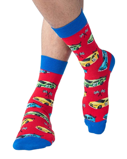Red and blue race car socks worn by model