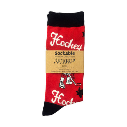 Red and black sock with 'Hockey' text on a white background
