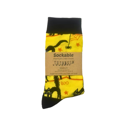 Sockable premium crew socks with a Halloween cat design on a white background