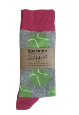 Sockable socks with pink top and green leaf pattern on a white background