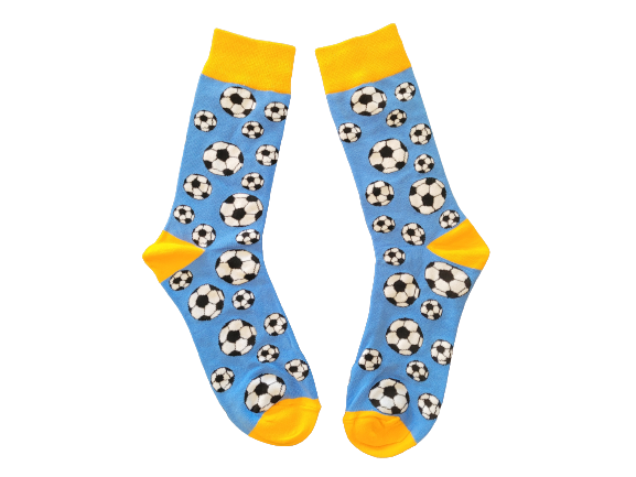 Blue and yellow socks with soccer ball print laid flat