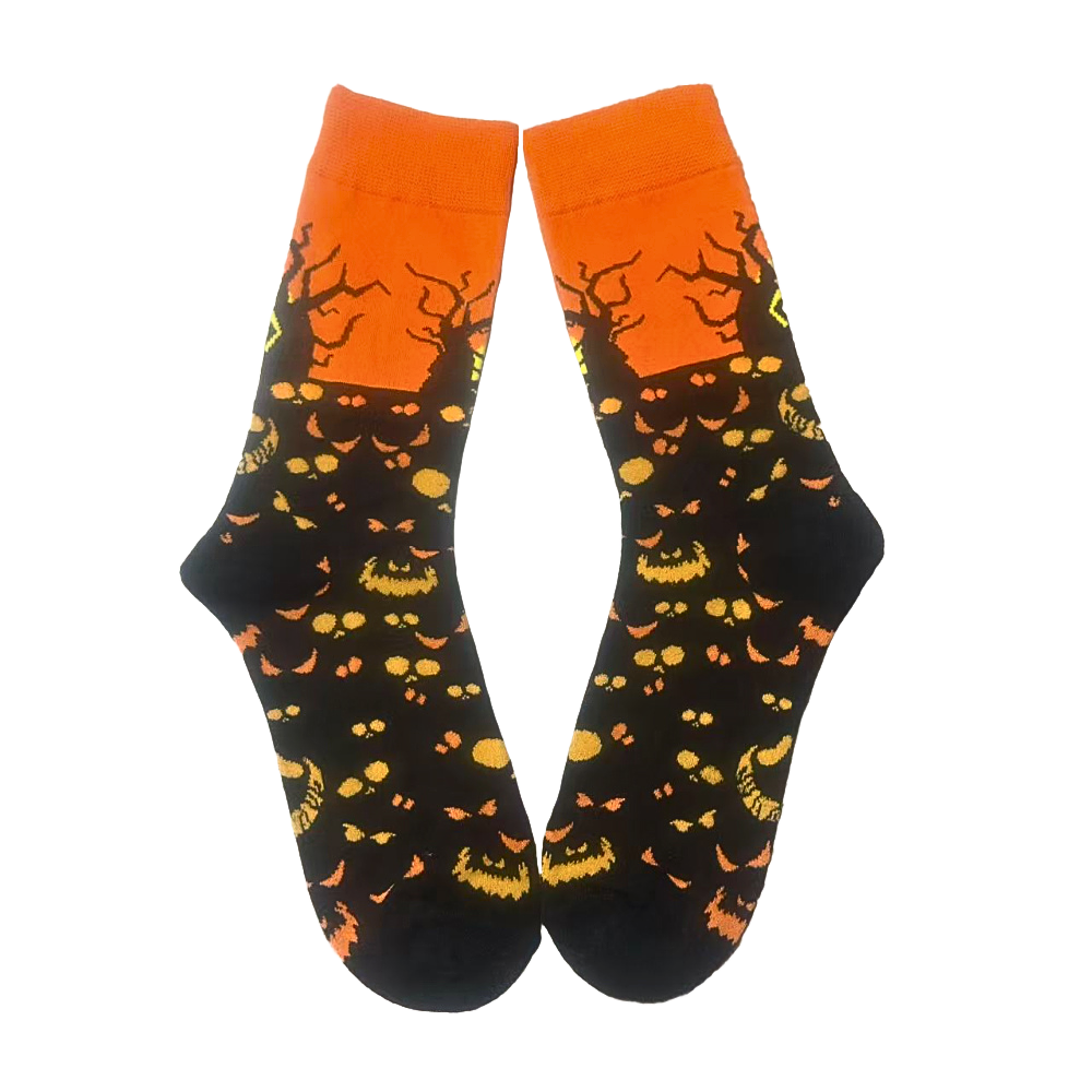 Pair of Halloween-themed socks with black background and colorful design on a white background