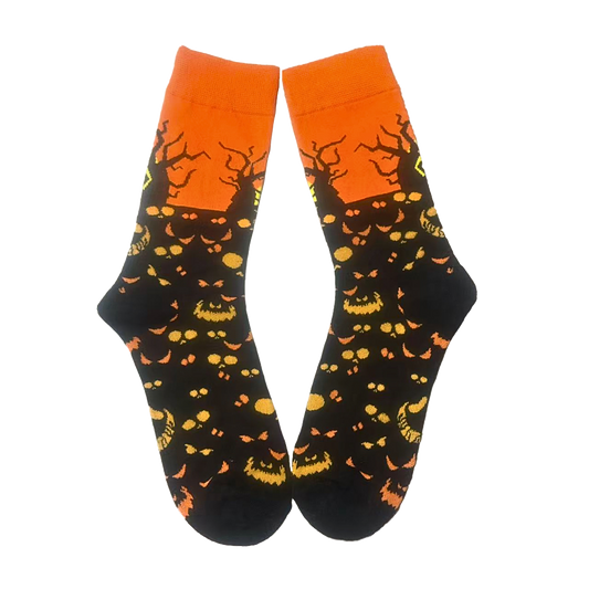 Pair of Halloween-themed socks with black background and colorful design on a white background