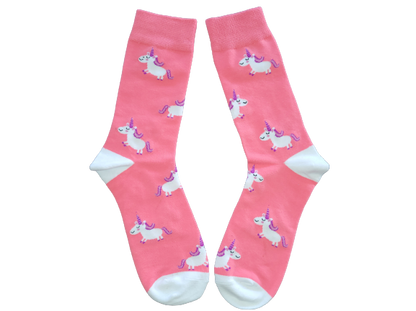 Pink socks with white and purple unicorns laid flat 