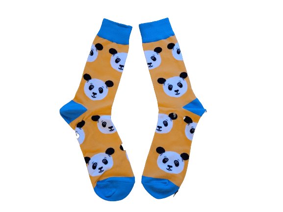 Unisex panda socks for men’s shoe sizes 9–11 and women’s 8–11 in blue and yellow laid flat
