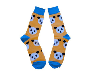 Unisex panda socks for men’s shoe sizes 9–11 and women’s 8–11 in blue and yellow laid flat