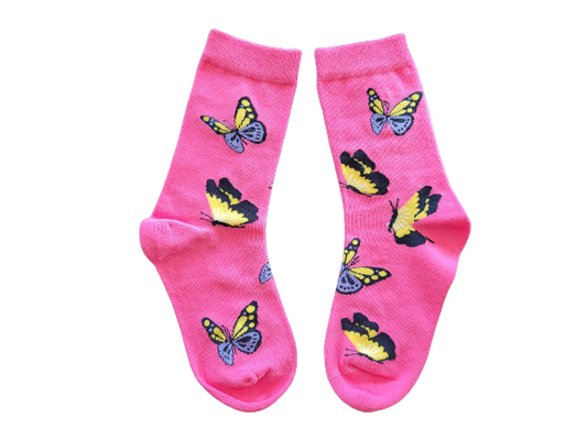 Pink crew socks with butterfly design for kids, size Small, displayed flat